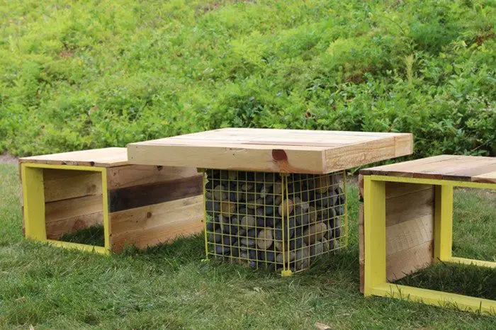 Outdoor Wood Bench Gabion Table