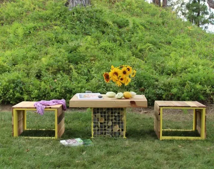How to build an outdoor wood bench with gabion table | DIY 