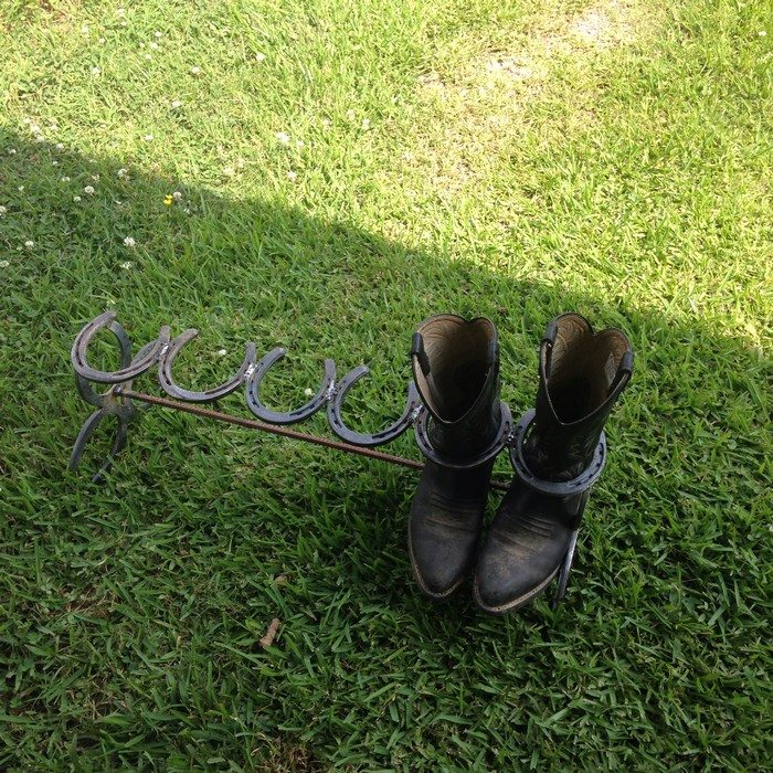 Boot rack made from clearance horseshoes