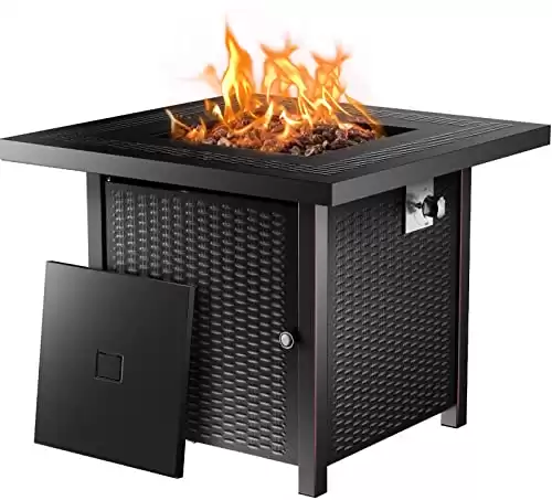 28 Inch Outdoor Gas Fire Pit, 50,000 BTU Steel Fire Table with Lid and Lava Rock