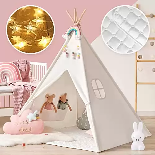 Foldable Play Teepee Tent with Mat & Light String & Carry Case