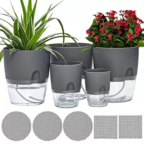 Self Watering Planter Pots, 5 Pack, Self Aerating, High Drainage, Deep Reservoir(Gray)