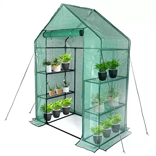 Mini Walk in Greenhouse with PE Cover, 3 Tiers 4 Shelves
