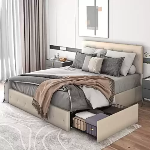 Queen Platform Bed Frame with Four Drawers