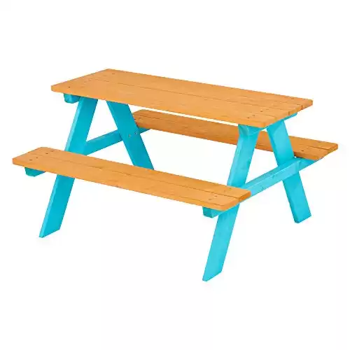 Kids Outdoor Picnic Table with Built-in Benches, Natural/Aqua