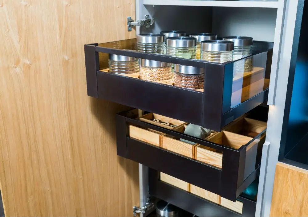 Pull-out pantries offer versatility in terms of configuration, including options with wire baskets, solid shelves, or specialized drawers.