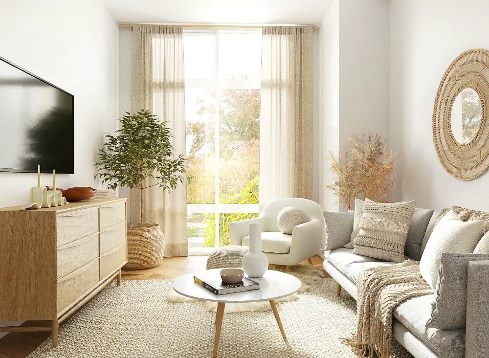 An image of a minimalist living room with neutral tone colors. 