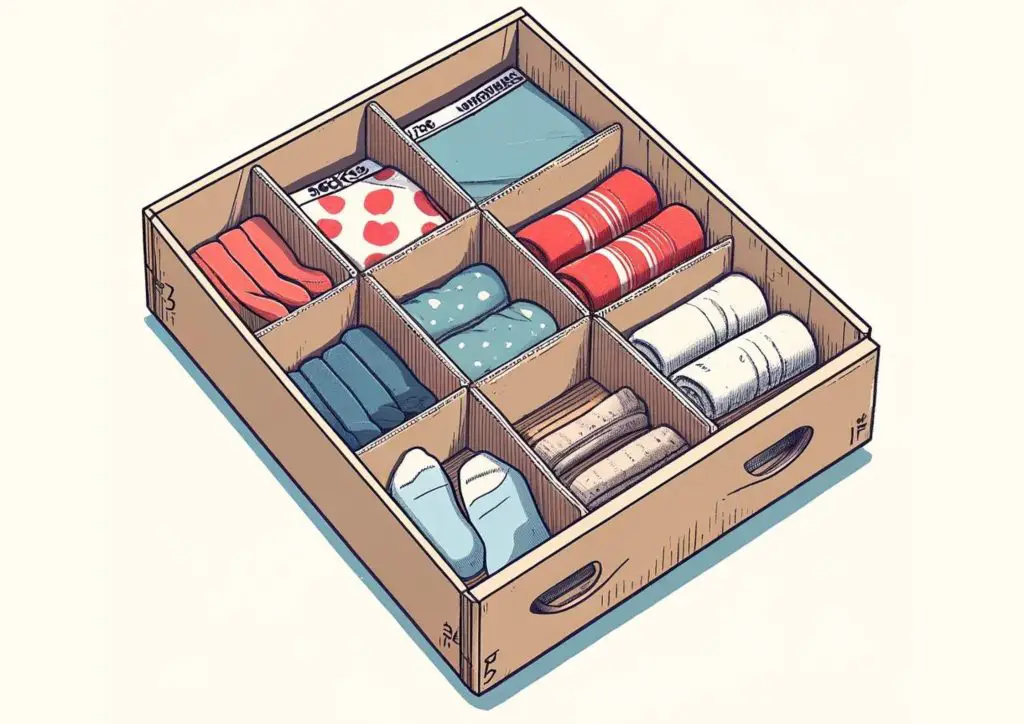  A drawer with homemade cardboard dividers separating socks and underwear.