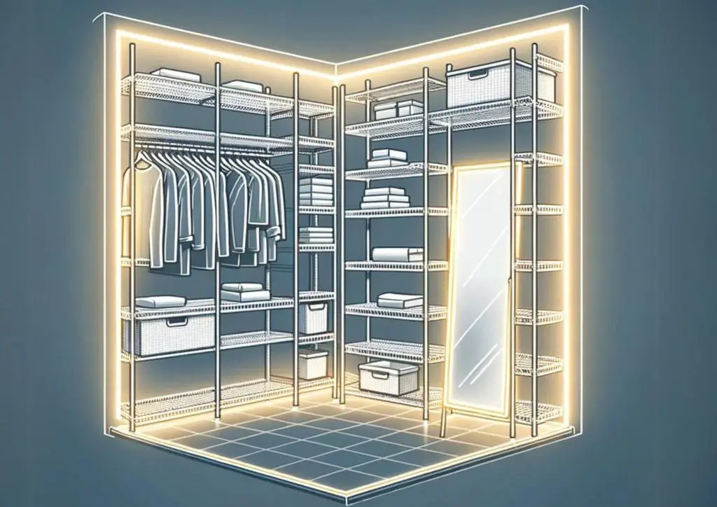 A walk-in closet showing LED strip lights installed under shelves, illuminating the entire space.