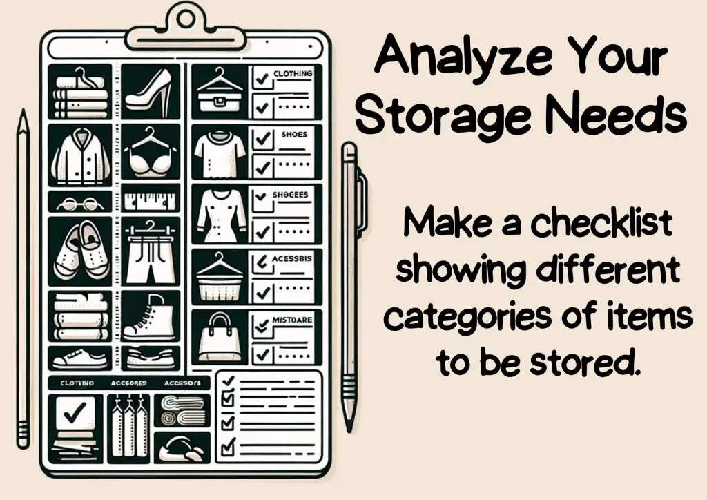 Create a checklist showing different categories of items to be stored