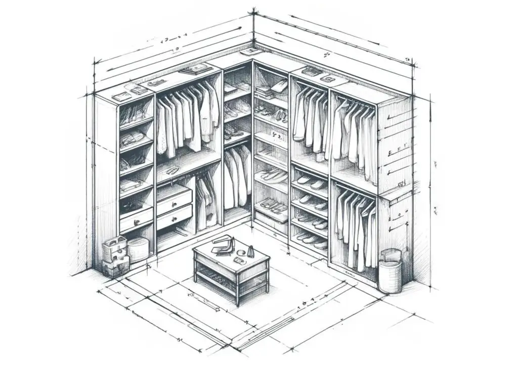 A simple drawing of a walk-in closet with wire shelving along the walls.