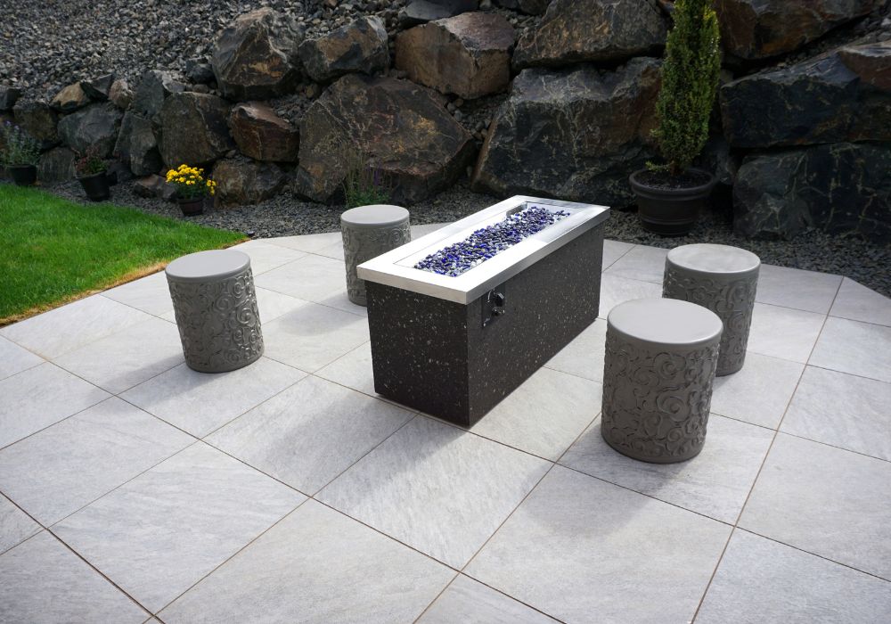 A rectangular propane fire pit.