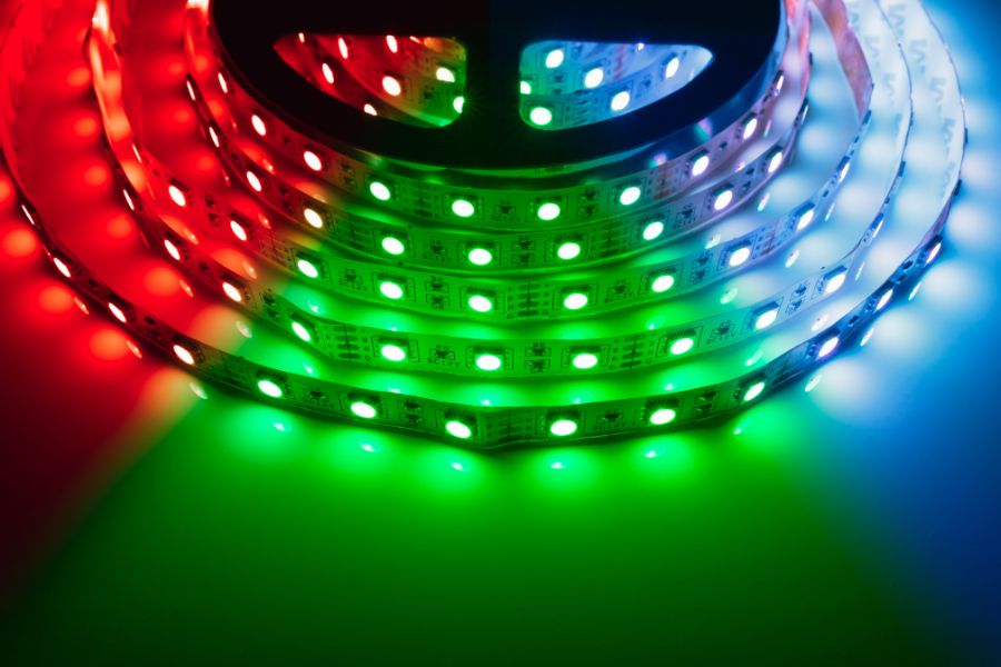 An image of LED strip lights showing various RGB lighting.